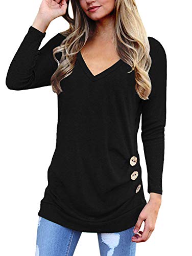 SHIBEVER Women's Tops Long Sleeve V Neck Casual Shirts Tunic T Shirt Blouse Tops with Side Buttons Decor Black M