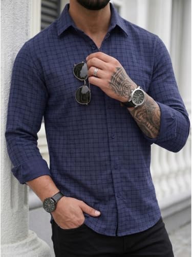 Image of DEELMO Men's Regular Fit Button Down Dress Shirts Textured Long Sleeve Casual Hawaiian Shirt