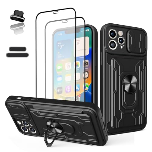 LMDAMZ Wallet Case for iPhone 12 Pro, Credit Card Slot Sliding Door Hide Portable Design, Heavy Duty Double Layer Cushioned Rubber Bumper Protection Suitable for iPhone 12 Pro 6.1 Inches Male-Black