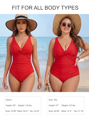 Image of Smismivo Women's Tummy Control Swimsuit One Piece Slimming Ruched Push Up Bathing Suit Vintage Padded Retro V Neck Swimwear