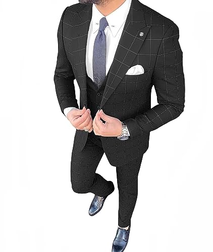 Mens Suit Plaid Slim Fit 3 Pieces Checked Casual Tuxedo Suits for Men Wedding Business Party Blazer Vest Pants Set