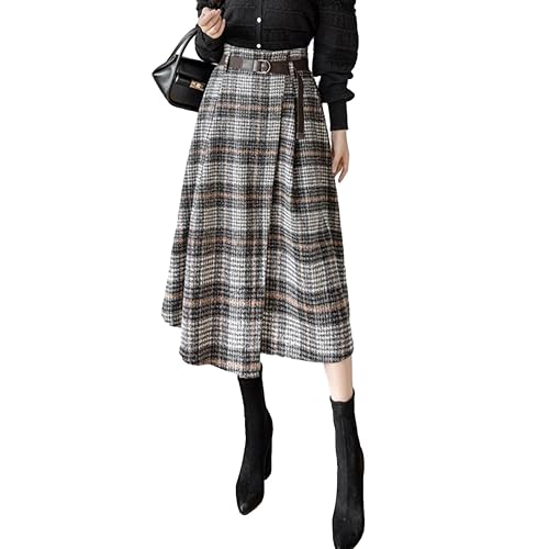 [J-Scott] 【在庫限り】[ジェイスコット] アシンメトリー フレアスカート ミモレ丈 グレンチェック柄 ハイウエスト ツイード ベルト付き グレー JS23-GY-M