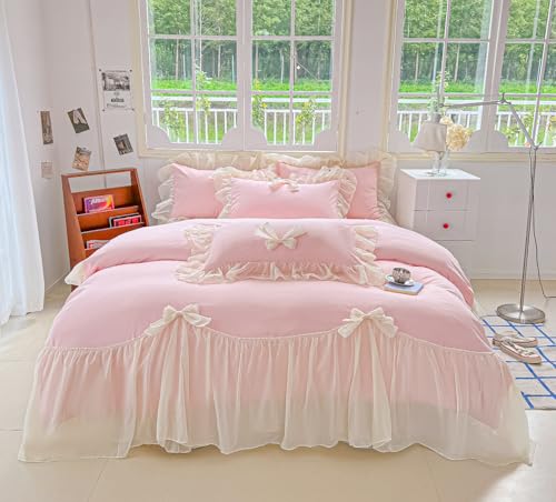 SOUKECHY Chic Lace Bedding,Girls Twin Aesthetic Comforter Cover Set,Romantic French Princess Style Ruffled Duvet Cover with Lovely Bow with Zipper Closure-Pink,Twin Size