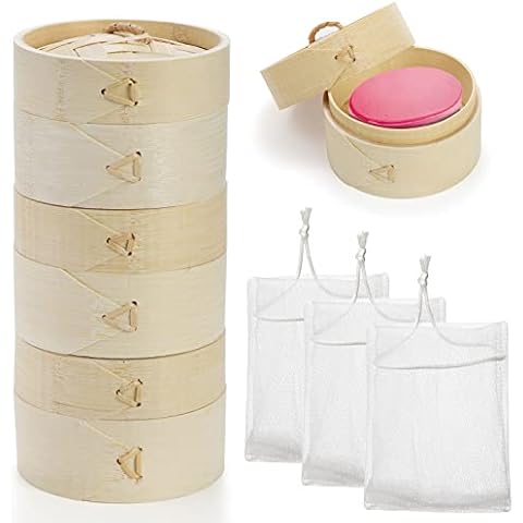 Lyellfe 3 Pack Bamboo Bar Holder, Natural Soap Dishes with Lid Foaming Net, Round Handmade Shampoo Soap Tray Saver Box, Mini Snack Steamer Container for Travel, Bathroom, Shower Cover