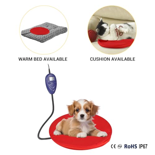 NAMSAN Heating Pad for Cats Small Dogs Heated Dog Bed Round Cat Tree Heating Bed Rabbit Warming Pad, Temperature Adjustable, Chew Resistant Cord, Red