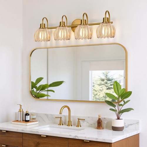 Image of 4-Light Bathroom Light Fixtures, 27 inch Brushed Gold Vanity Lights for Bathroom with Ribbed Amber Tulip Glass Shade, Vintage Bathroom Vanity Lighting Fixtures Over Mirror for Bedroom Living Room Hallway