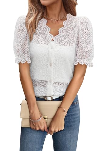 LUXVEER Women Lace Tops Summer V Neck Dressy Casual Button Down Blouses Ruffle Short Sleeve Business Work Shirts White
