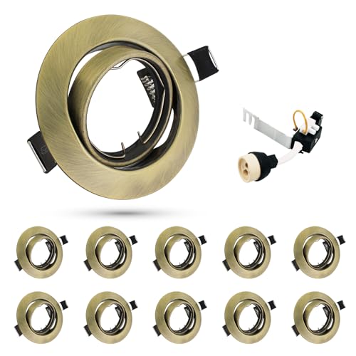 HiBay 10x Downlights GU10 Antique Brass Spot Lights 360° Tiltable Round Recessed Ceiling Lights for Kitchen Bedroom 240V, 90mm Outer Diameter, 68-85mm Cut-Out Holes, Without Bulb