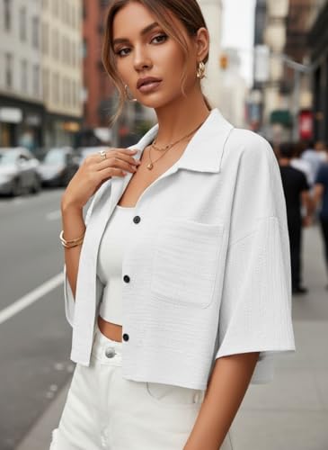 Image of Jacket for Women Stylish Cropped | Trendy Half Sleeve Button Down Casual Top | Loose Fit Shrug for Beach & Resort Outfits | Fashionable Lightweight Jacket (28 K-1-4)