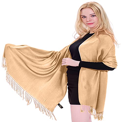 Dark Cream Solid Color Design Shawl Scarf Wrap Stole Throw Head Wrap Tassels Face Cover Hand Made in Nepal Pashmina CJ Apparel NEW