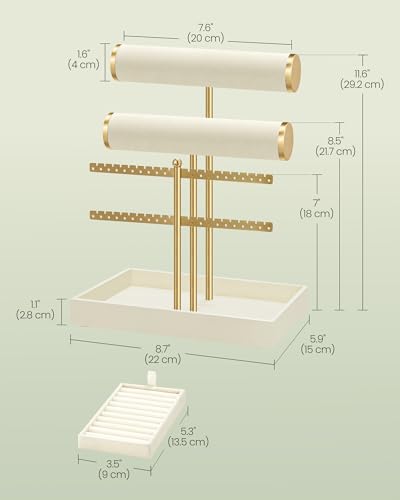 Image of SONGMICS Bracelet Holder Stand, Jewelry Display Stand, Jewelry Organizer, with 2 Tiers and Velvet Tray, Earring Organizer, Removable Ring Holder, Cream White and Pale Gold UJJS046W101