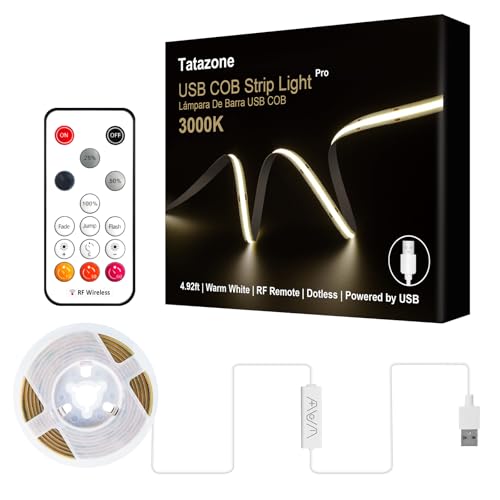 Tatazone 5V USB COB Led Strip Light with RF Remote 4.92ft 3000K CRI93+ Dimmable USB Powered COB Led Light Strip Indoor COB Led Light for Cabinet TV Camping Monitor Showcase Motorhome