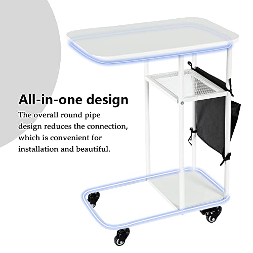 Tantmis C Table End Table With Wheels, Small Side Table With Shelf, C Shaped Sofa Table With Metal Frame, Couch Tables That Slide Under With Storage Bag For Living Room, Bedroom, White #TOP5