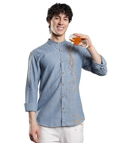 Image of TURMS Men's Casual Solid Linen Shirt | Water Repellent | Anti Stain Anti Odor | Kansas Linen | Mandarin Collar | Full Sleeves