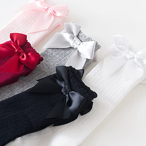 Baby Girls Knee High Socks 5 Pack Infant Toddler Tube Ruffled Long Socks Sewn Bow Baby Stockings for Baby Girl4