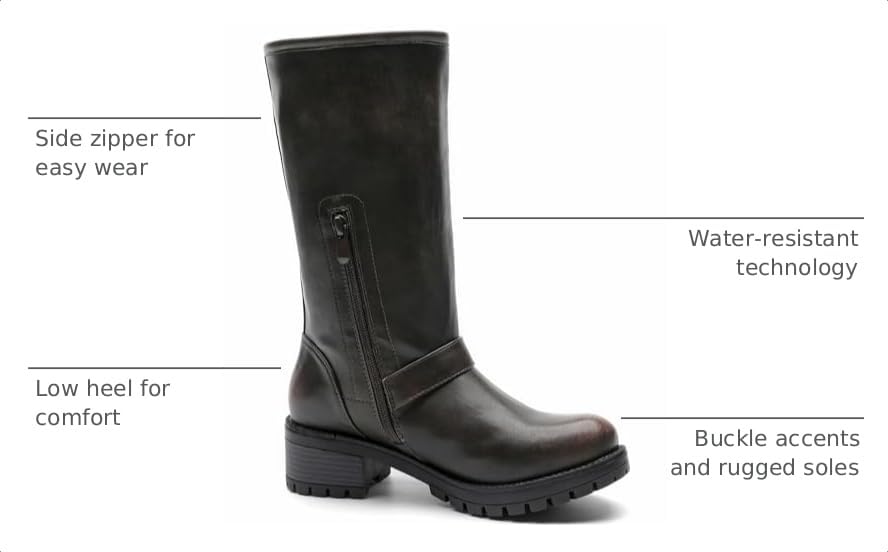 Image of GLOBALWIN Chunky Mid Calf Fashion Dressy Motocycle Biker Military Style Combat Boots for Women Low Heel
