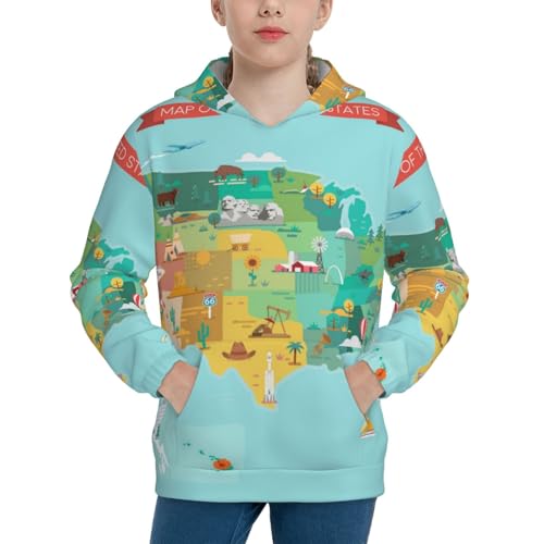 USA Tourist Map With Famous Landmarks Kid Hoodies Boys Sweatshirts Girls Pullover with Pocket