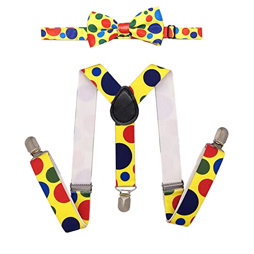 SUNTRADE Child Kids Clip-on Dot Suspenders Elastic Y-Shape Adjustable with Clips and Bow Tie Set for Boys and Girls (Yellow-Rainbow)