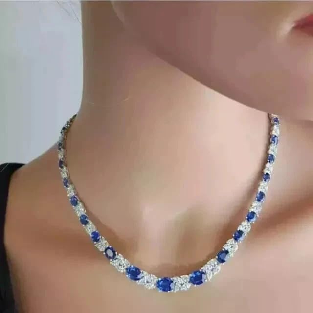 DJ || Women Tennis Choker Necklace 14K White Gold Plated 25CT Oval Cut Lab-Created Blue Sapphire & Diamond Beautiful Engagement 925 Sterling Silver 18"