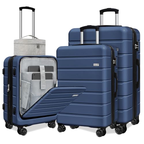 Image of KEYTANG SmileLine 3-Piece Luggage Set Lightweight Hardside Suitcase TSA Lock Spinner Wheels, 20 inch Expandable Carry-On Luggage with Quick Access Front Open Pocket, Bonus Makeup Bag,Navy Blue