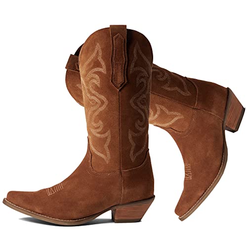 Image of LEHOOR Cowboy Boots Women Embroidered Mid Calf Western Boots Stacked Low Heel Pointed Toe Pull On Cowgirl Boot 4-11 M US
