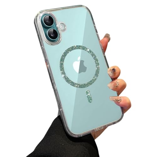Image of VONZEE Compatible for iPhone 16 6.1'' Case Glitter Ring Cute Shiny Colorful Bling Case (Compatible with Magsafe) Transparent PC+TPU Glossy Shiny Cover for Girls Women,Green