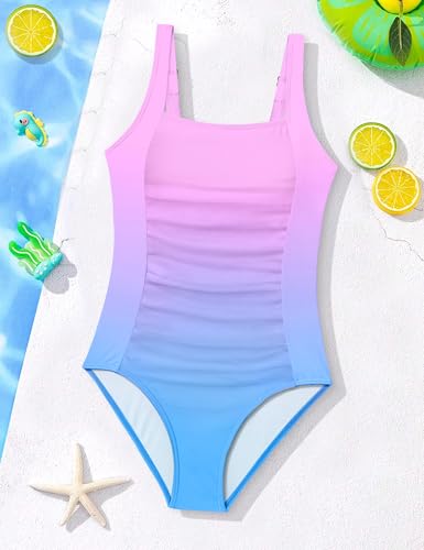 Image of BAVEDER Girls Swimsuit One Piece Swimsuits Solid Ruched Bathing Suit for Girls Full Coverage Modest Padded Swimwear 9-18y