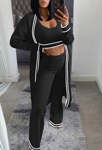 Image of Fixmatti Women's Fuzzy 3 Piece Sweatsuit Open Front Cardigan Crop Tank Tops Wide Legs Pants Lounge Sets
