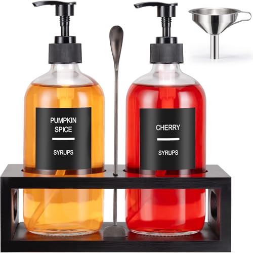 Youngcafe Glass Syrup Dispenser for Coffee Bars - 16.9 oz 500 ml Bottle With Storage Shelf and Spoon - Set of 2 Black Upgraded Pumps, 48 Labels