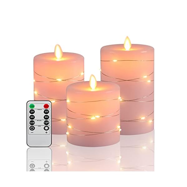 Fanzir Pink Flameless Candles with String Lights Battery Operated Flickering LED Pillar Candles