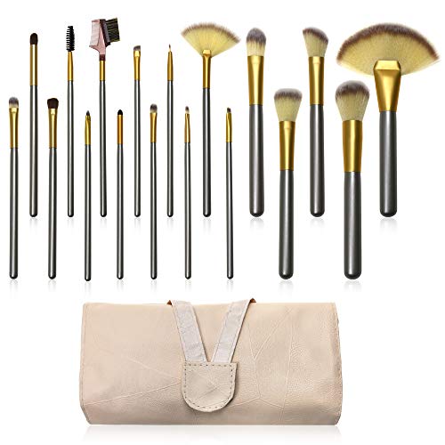 Xixihaha Makeup Brush Set 18 PCs Professional Premium Synthetic Eyeliner Eyeshadow Brow Lip Brush Kabuki Foundation Blending Powder Liquid Cream Cosmetic Blush Brush Kit with Soft Leather Bag