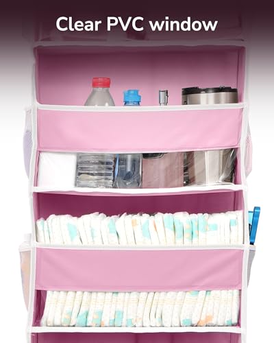 Image of ULG 1 Pack Over Door Organizer with 5 Large Pockets 10 Mesh Side Pockets, 44 lbs Weight Capacity Hanging Storage Organizer with Clear Window Kids Toys, Shoes, Diapers, Pink