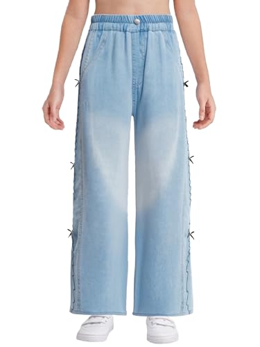 Hansber Girls Wide-Leg Denim Jeans Elastic Waistband Y2k Pants with Pockets School Casual Bowknots Pants