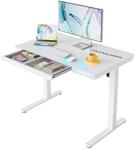 HUANUO 100 x 60 cm Lift-Up Desk, Glass Lift Table with Drawer, US...