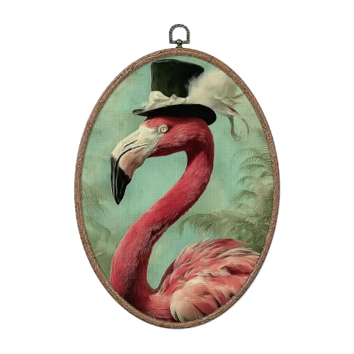LMMHIOPI Funny Flamingo Oval Wall Art, Vintage Flamingo Portrait Canvas Print, Humorous Bird with Top Hat Painting Oval Wall Decor for Living Room Bedroom Bathroom Home Decor, 8.5x11.5 Inch