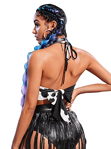 Verdusa Women's Y2k Western Cowgirl Rave Outfits Halter Top Cow Print Deep V Neck Tie Backless Crop Tops2