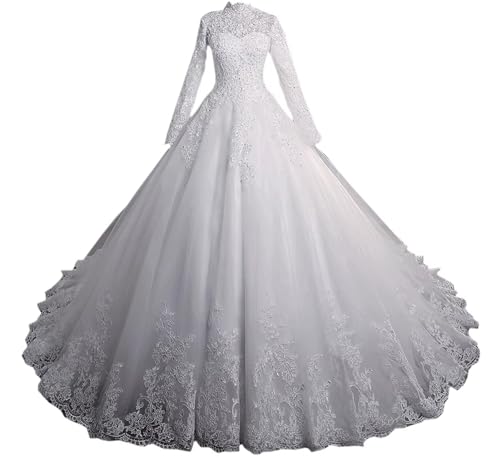 Womens Lace Wedding Dresses for Bride A Line Long Sleeve Beaded Tulle Bridal Gown with Appliques