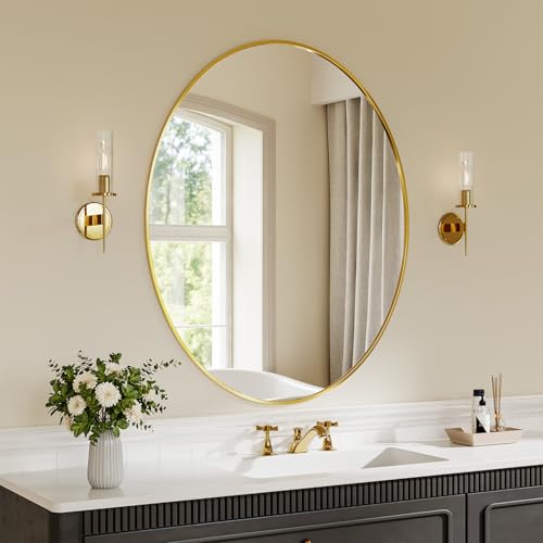 Image of Koonmi Gold Oval Bathroom Mirror, 26 inchx37 inch Oval Mirror for Wall