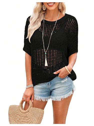 Image of Verdusa Women's Off The Shoulder Knit Top Crochet Summer Sweaters Hollow Out Beach Cover Ups Black X-Large