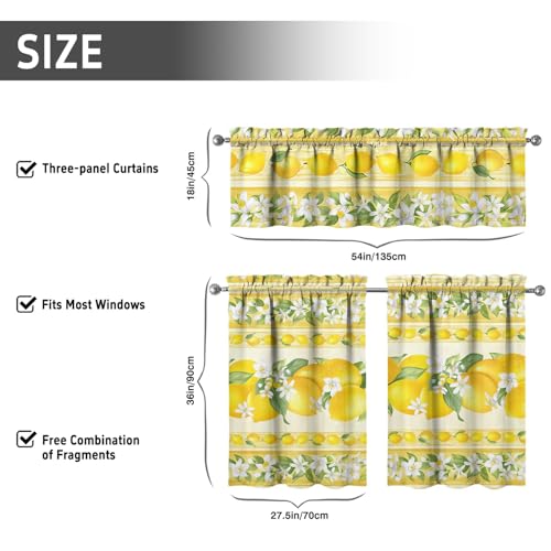 Image of Lemon Kitchen Curtains 3 Piece Set Tier Valance Window Decor | 3 Piece Kitchen Curtain Set Includes 54x18in Valance and Two 27.5x36in Tier Curtains for Kitchen, Bedroom and Living Room