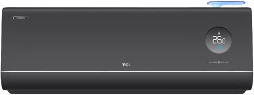 Vista frontal da unidade interna do ar condicionado TCL FreshIN 3.0 na cor preta com display digital