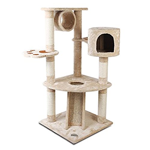 46" Cat Climbing Tree with House, Scratching Post, Soft String Bag House, Observatory and Play Platform Offer Cats to Play or Purr on Protect Your Sofa and Legs from Scratching (Beige)