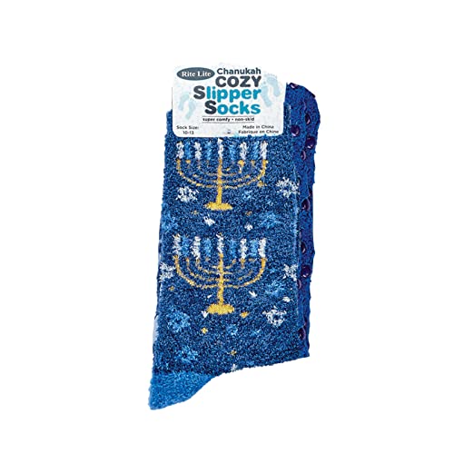 Menorah Hanukkah Fuzzy Socks - Cozy Winter Holiday Crew Socks Unisex Size 10-13 - Soft Festive Blue Menorah Design with Snowflakes - Perfect Warm Gift for Chanukah Celebration2