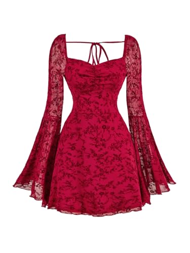 Image of WDIRARA Women's Floral Jacquard Gothic Bell Long Sleeve Dress | Mesh , A Line, Vintage