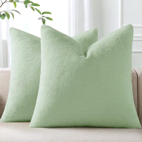 Pallene Faux Fur Plush Throw Pillow Covers 26x26 Set of 2, Soft Fluffy Couch Pillow Covers for Living Room, Sage Green