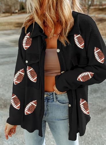 Womens Shacket with Pockets Rugby Flap Sequin Jacket Fall 2025 Football Game Day Outfits Button Down Loose Fit Coat3