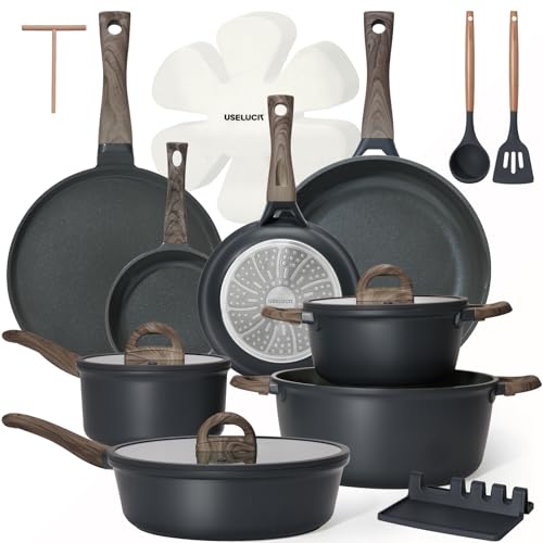 Image of USELUCK 22-Piece Ceramic Cookware Set with Utensils, Pots and Pans Set | PFAS-Free Non-Toxic Healthy Cooking Set, Even Heating, Easy to Clean, Induction Compatible, Gray