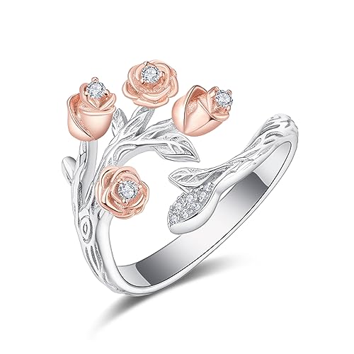 Dreamboat Rose Gold Plated Rings for Women Rose Rings for Women Adjustable Sterling Silver Engagement Wedding Jewelry Flower Gifts