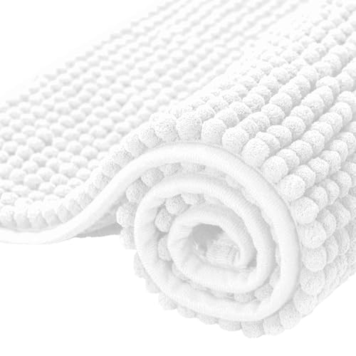 SUBRTEX Bathroom Rugs Chenille Bath Rug Soft Short Plush Bath Mat Soft Shower Mat Water Absorbent Shower Mat Quick Dry Machine Washable(White,16″ x 24″)