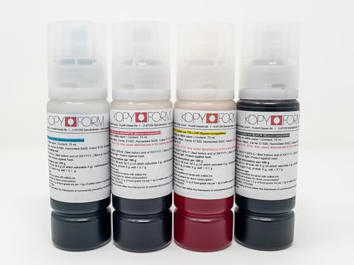 KOPYFORM Encre Alimentaire; Lot de 4 Bouteilles à 70 ML (Noir, Jaune, Magenta, Cyan) pour des imprimantes de la Marque Canon (p.ex. G1501); avec Adaptateur...